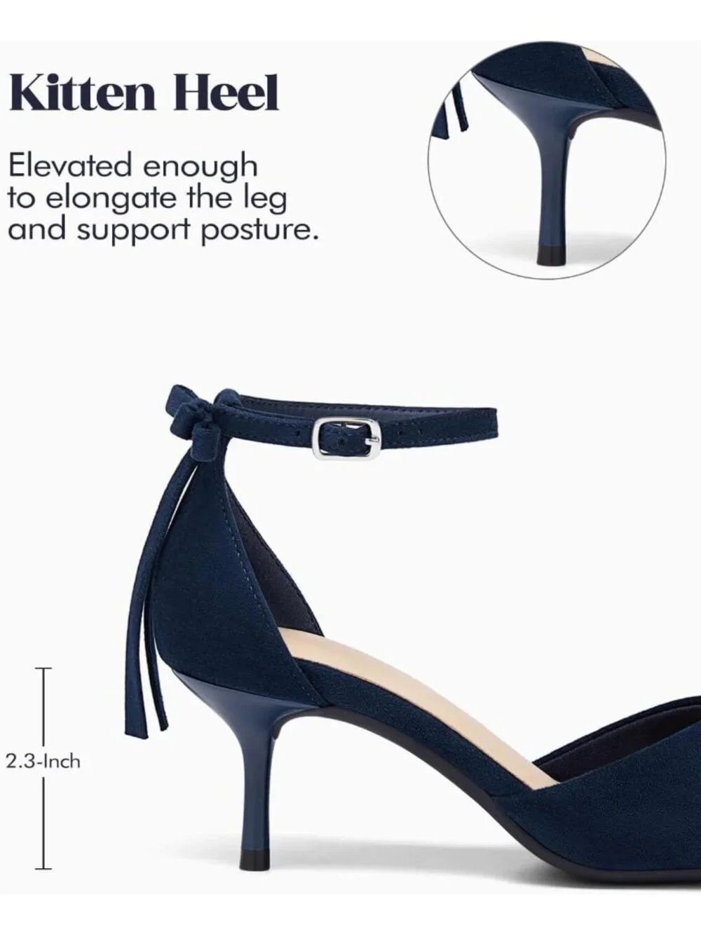 Women's Navy Kitten Low Heels Closed Pointed Toe Pumps Bow Ankle Strap Shoes